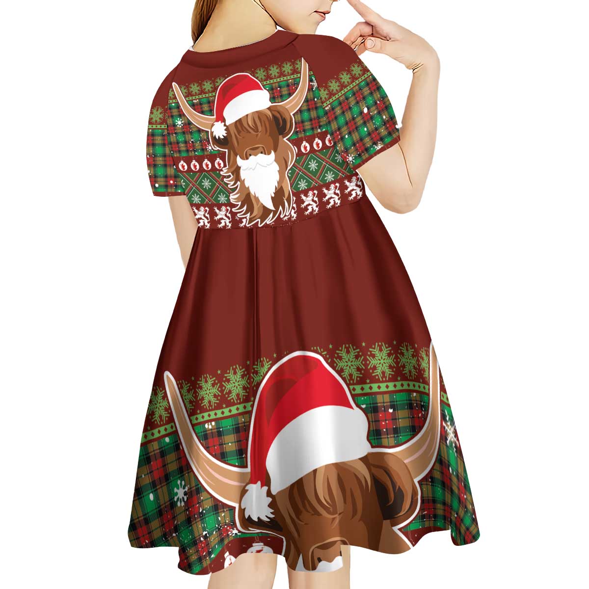 Scottish Christmas Kid Short Sleeve Dress Highland Cattle-Xmas Tartan Stripes Style Red Color - Wonder Print Shop