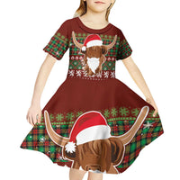 Scottish Christmas Kid Short Sleeve Dress Highland Cattle-Xmas Tartan Stripes Style Red Color - Wonder Print Shop