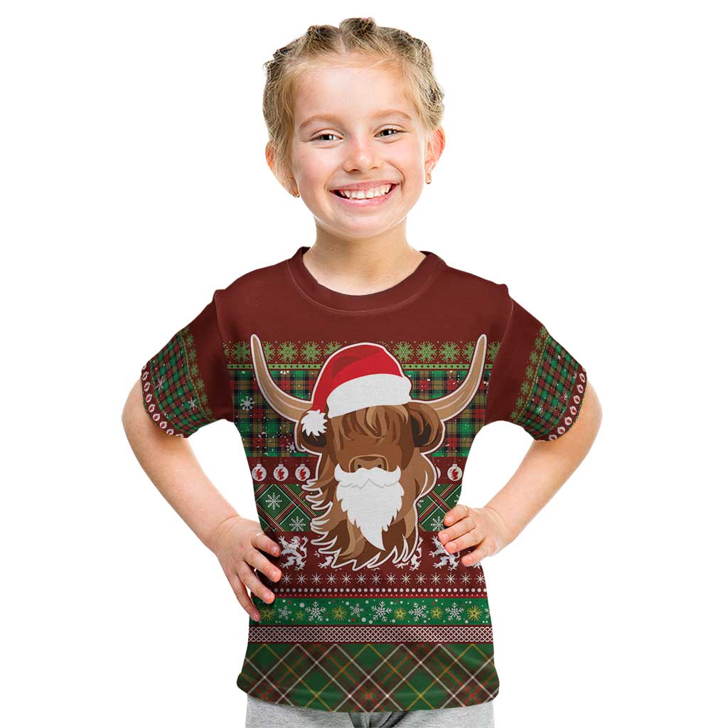 Scottish Christmas Kid T Shirt Highland Cattle-Xmas Tartan Stripes Style Red Color - Wonder Print Shop