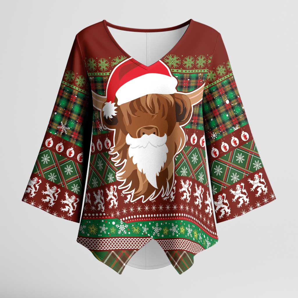 Scottish Christmas Kimono Sleeve Blouse Highland Cattle-Xmas Tartan Stripes Style Red Color - Wonder Print Shop
