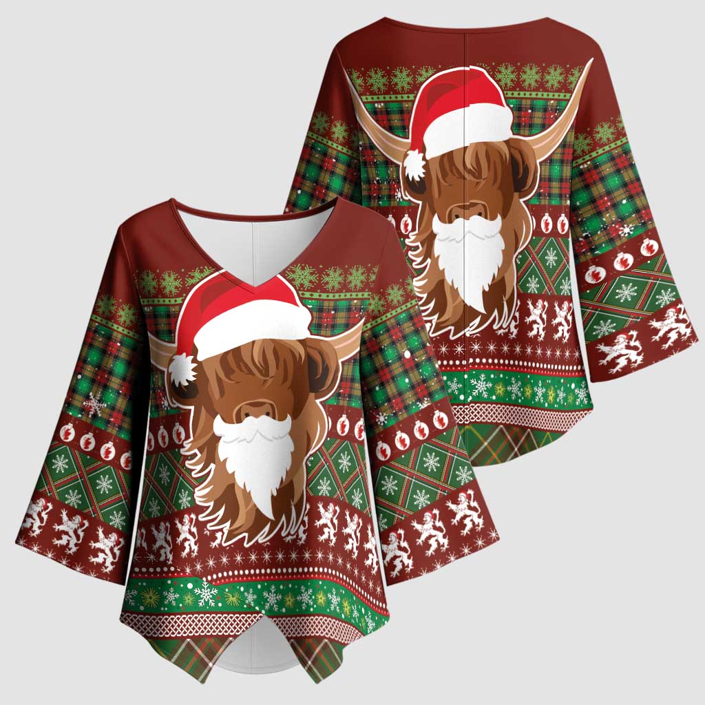 Scottish Christmas Kimono Sleeve Blouse Highland Cattle-Xmas Tartan Stripes Style Red Color - Wonder Print Shop