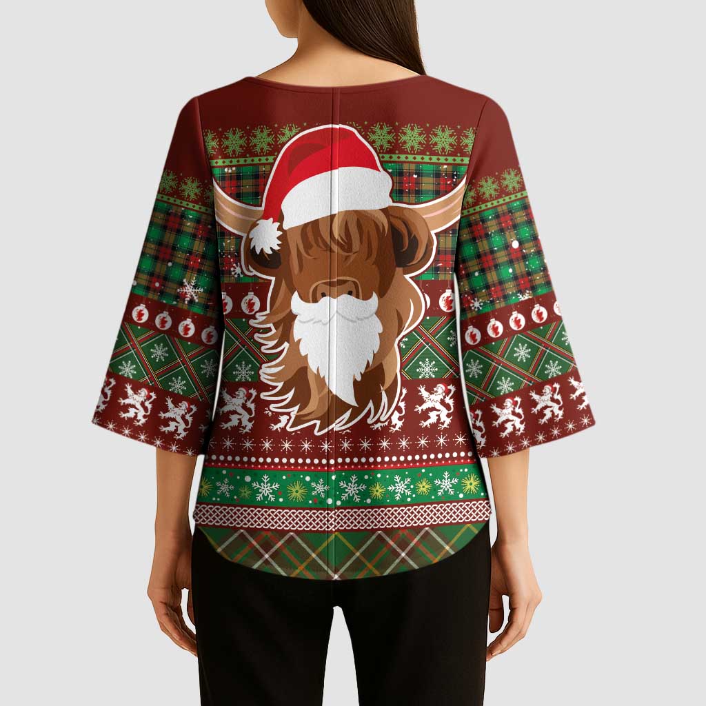 Scottish Christmas Kimono Sleeve Blouse Highland Cattle-Xmas Tartan Stripes Style Red Color - Wonder Print Shop