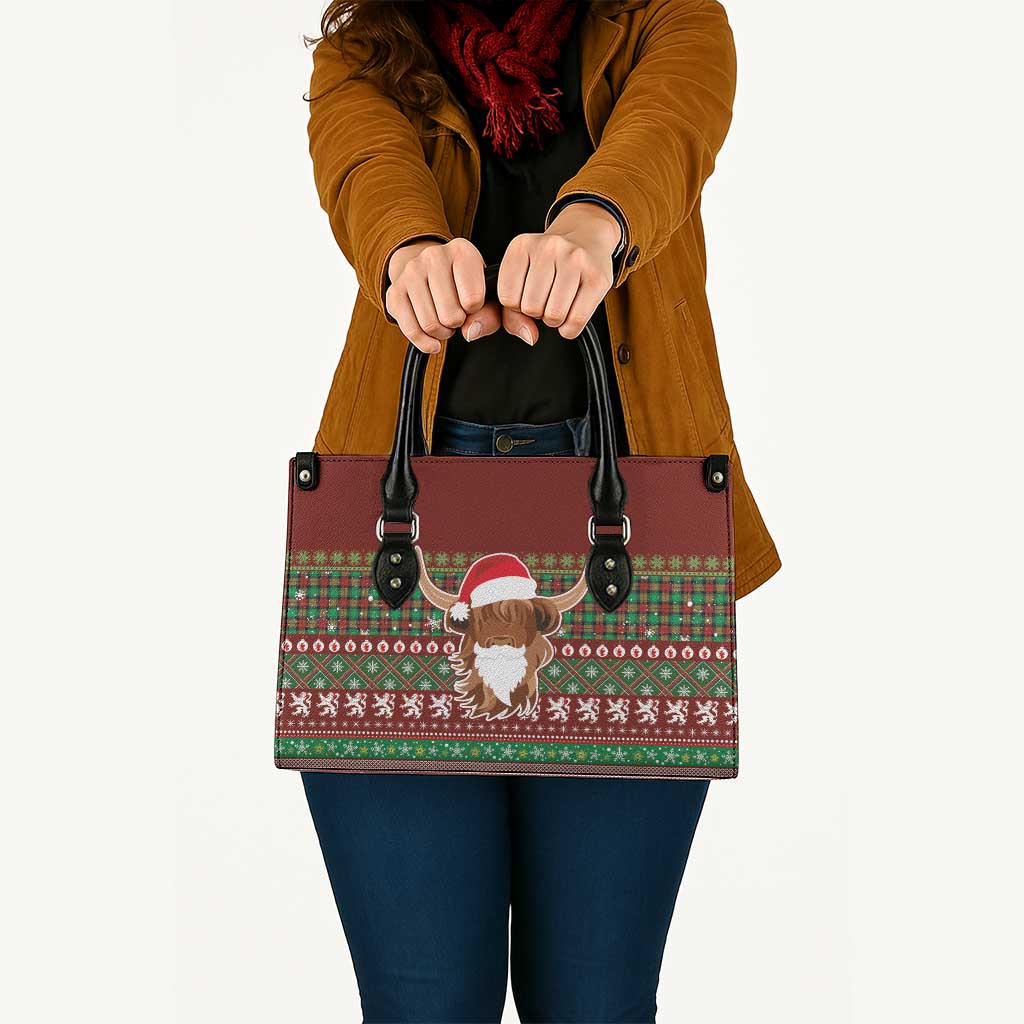 Scottish Christmas Leather Bag Highland Cattle-Xmas Tartan Stripes Style Red Color - Wonder Print Shop
