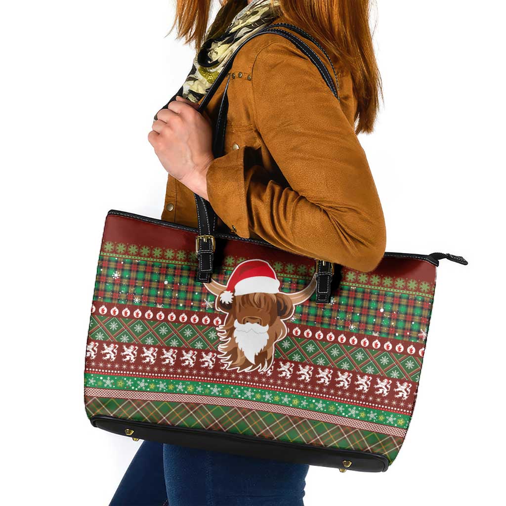 Scottish Christmas Leather Tote Bag Highland Cattle-Xmas Tartan Stripes Style Red Color - Wonder Print Shop