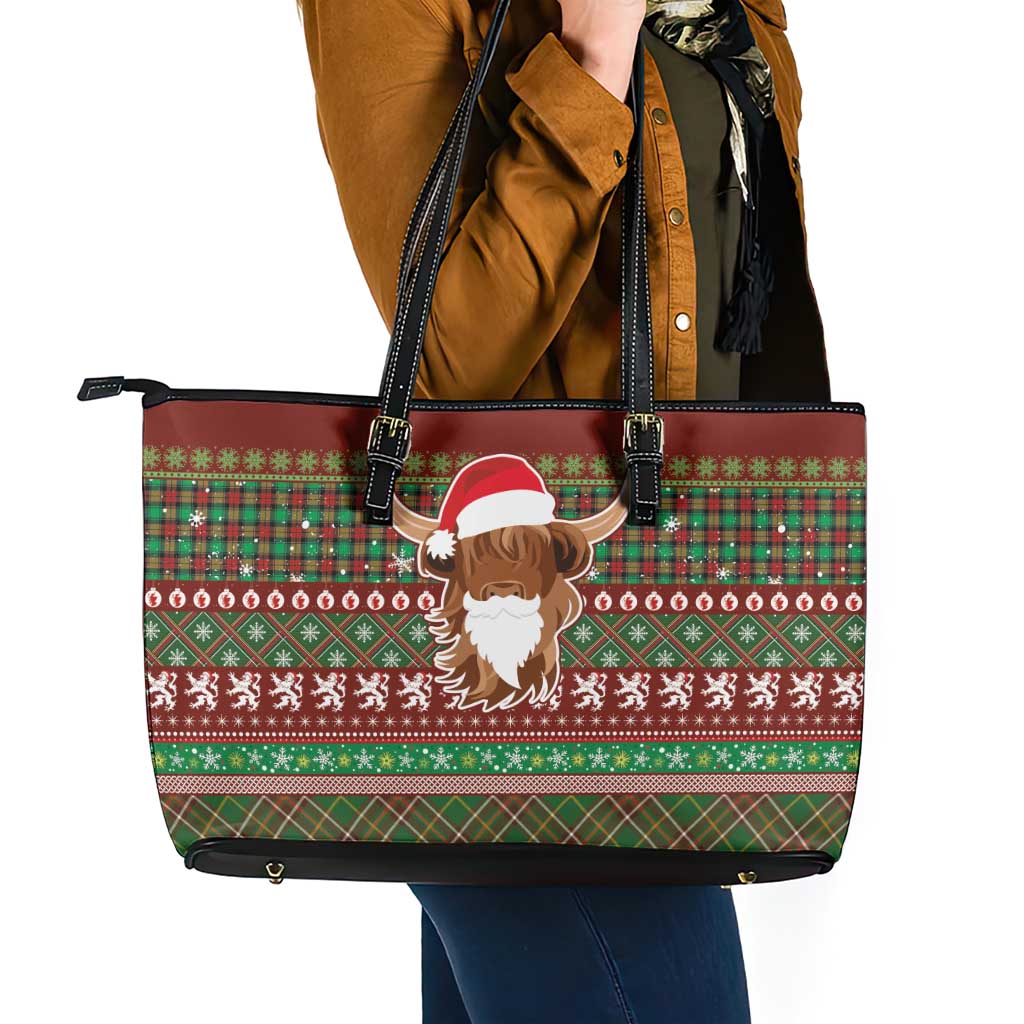 Scottish Christmas Leather Tote Bag Highland Cattle-Xmas Tartan Stripes Style Red Color - Wonder Print Shop