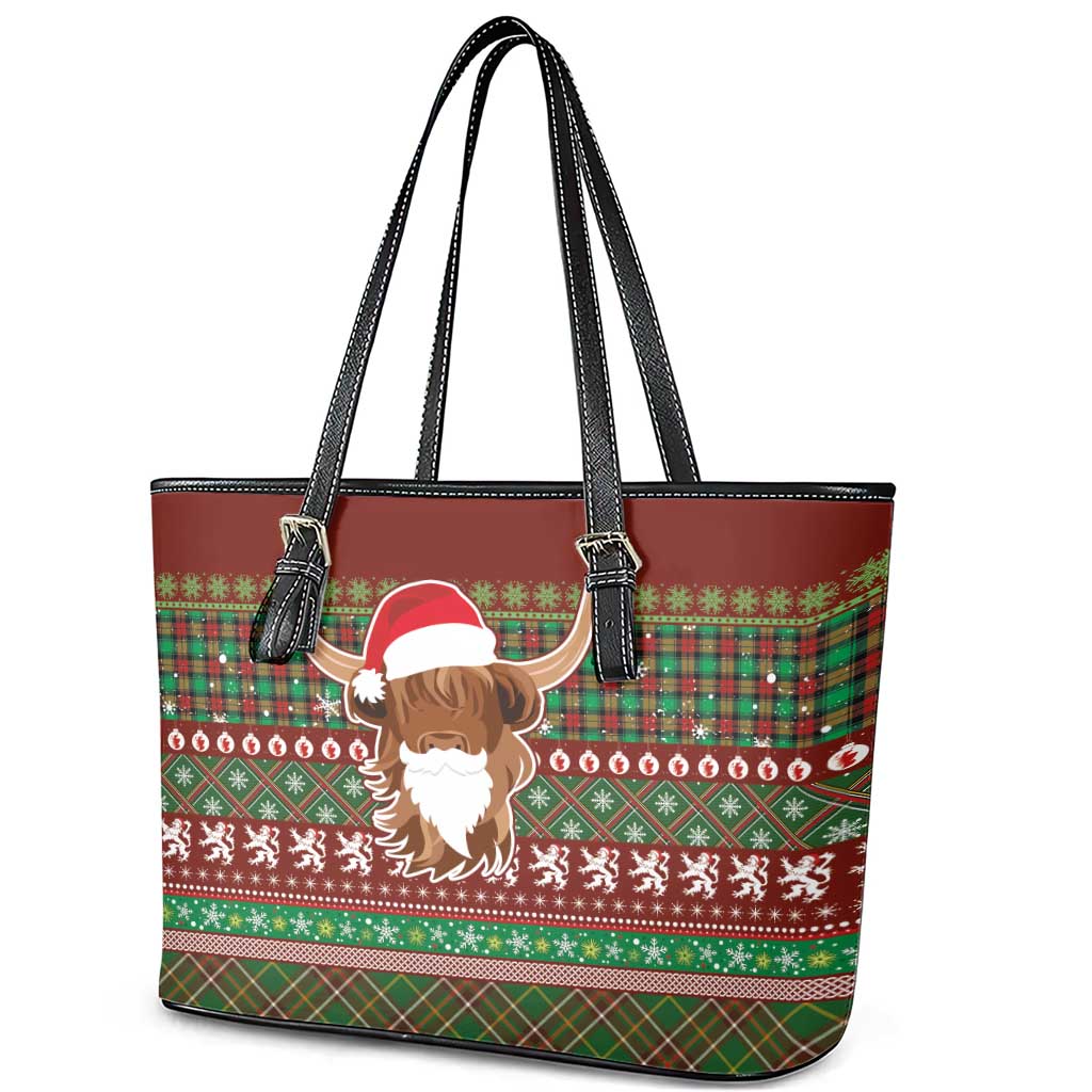 Scottish Christmas Leather Tote Bag Highland Cattle-Xmas Tartan Stripes Style Red Color - Wonder Print Shop