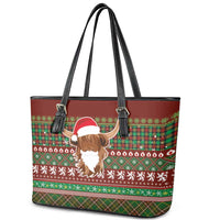 Scottish Christmas Leather Tote Bag Highland Cattle-Xmas Tartan Stripes Style Red Color - Wonder Print Shop