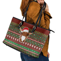Scottish Christmas Leather Tote Bag Highland Cattle-Xmas Tartan Stripes Style Red Color - Wonder Print Shop