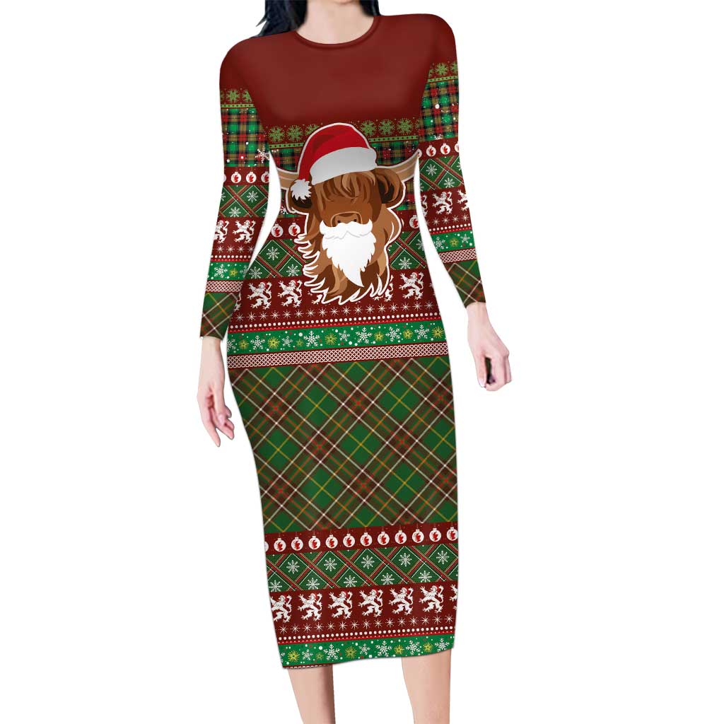 Scottish Christmas Long Sleeve Bodycon Dress Highland Cattle-Xmas Tartan Stripes Style Red Color - Wonder Print Shop