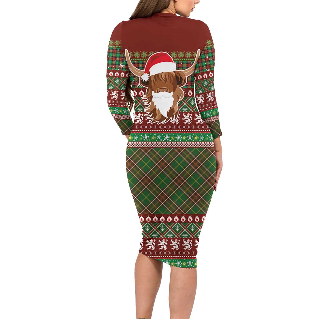 Scottish Christmas Long Sleeve Bodycon Dress Highland Cattle-Xmas Tartan Stripes Style Red Color - Wonder Print Shop