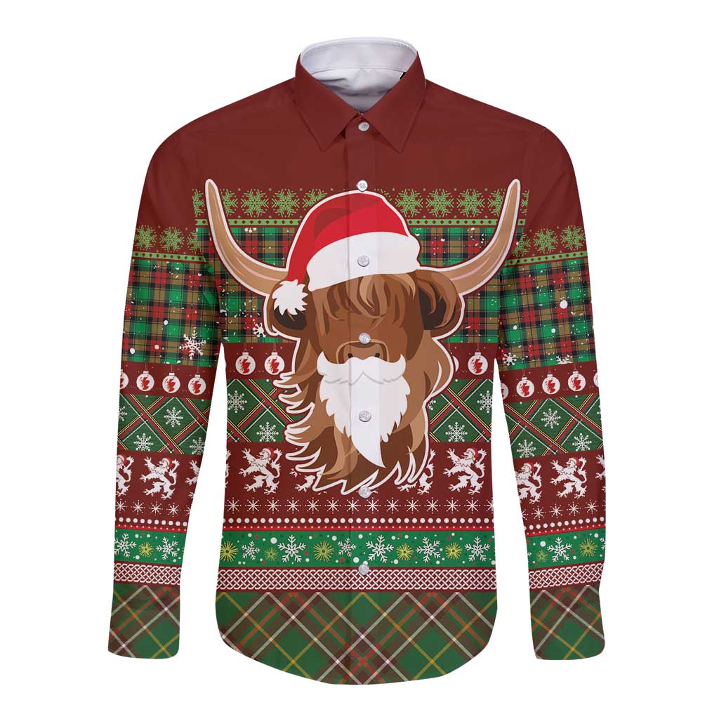 Scottish Christmas Long Sleeve Button Shirt Highland Cattle-Xmas Tartan Stripes Style Red Color - Wonder Print Shop