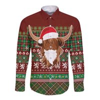 Scottish Christmas Long Sleeve Button Shirt Highland Cattle-Xmas Tartan Stripes Style Red Color - Wonder Print Shop