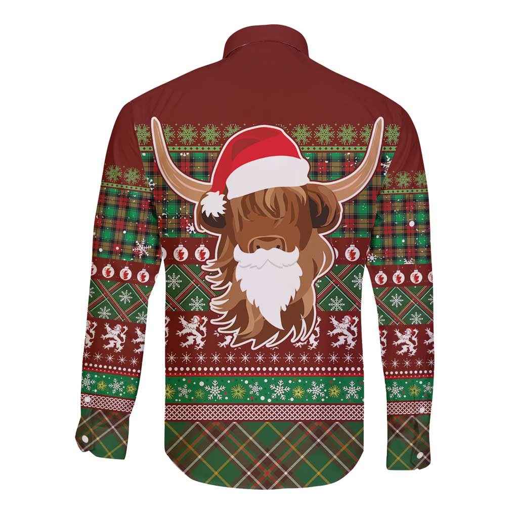 Scottish Christmas Long Sleeve Button Shirt Highland Cattle-Xmas Tartan Stripes Style Red Color - Wonder Print Shop