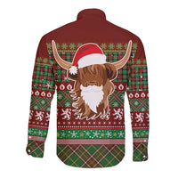 Scottish Christmas Long Sleeve Button Shirt Highland Cattle-Xmas Tartan Stripes Style Red Color - Wonder Print Shop