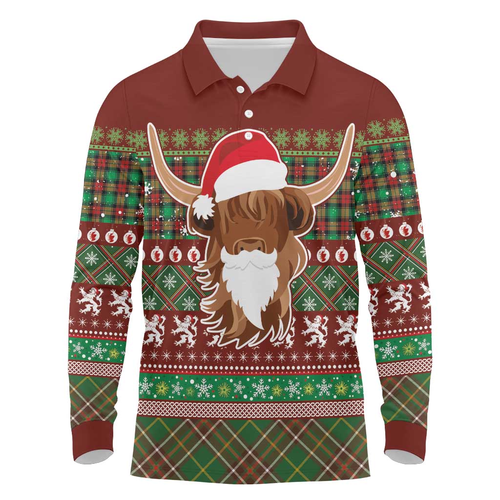 Scottish Christmas Long Sleeve Polo Shirt Highland Cattle-Xmas Tartan Stripes Style Red Color - Wonder Print Shop