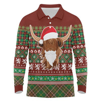 Scottish Christmas Long Sleeve Polo Shirt Highland Cattle-Xmas Tartan Stripes Style Red Color - Wonder Print Shop