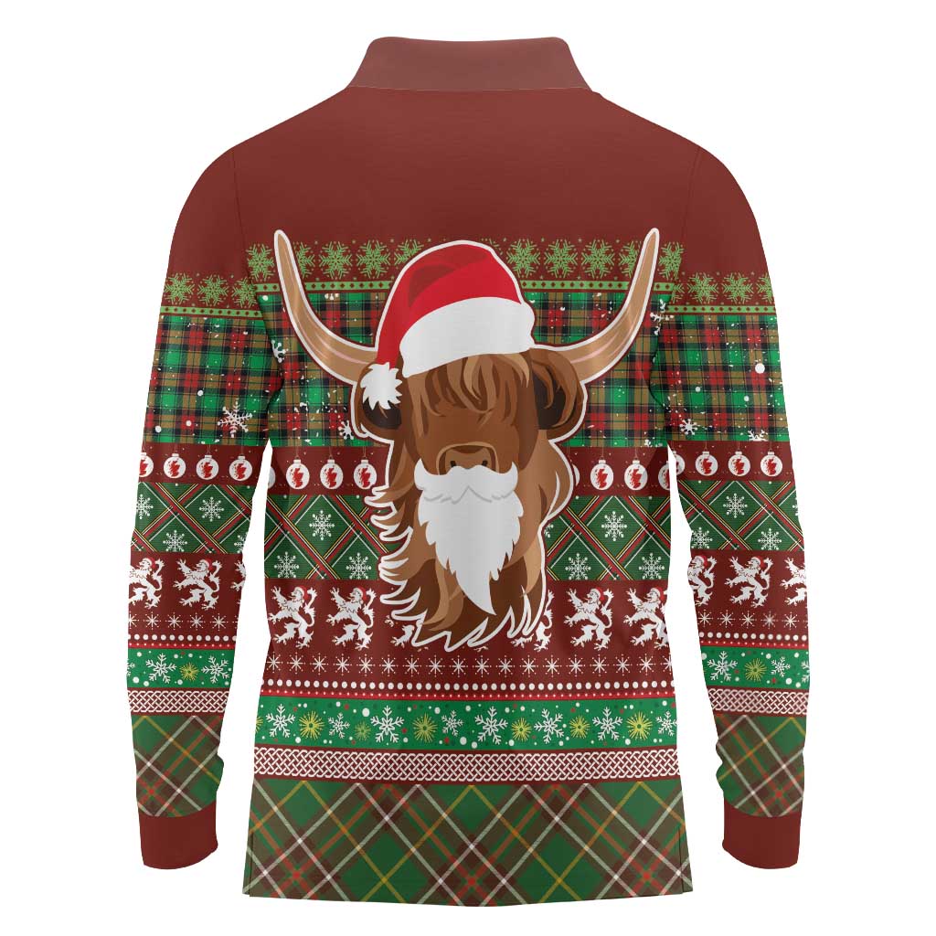 Scottish Christmas Long Sleeve Polo Shirt Highland Cattle-Xmas Tartan Stripes Style Red Color - Wonder Print Shop