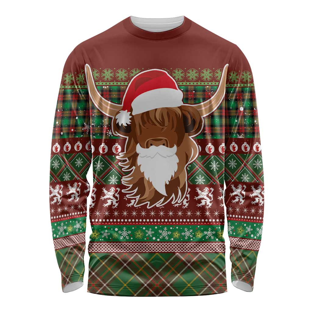 Scottish Christmas Long Sleeve Shirt Highland Cattle-Xmas Tartan Stripes Style Red Color - Wonder Print Shop