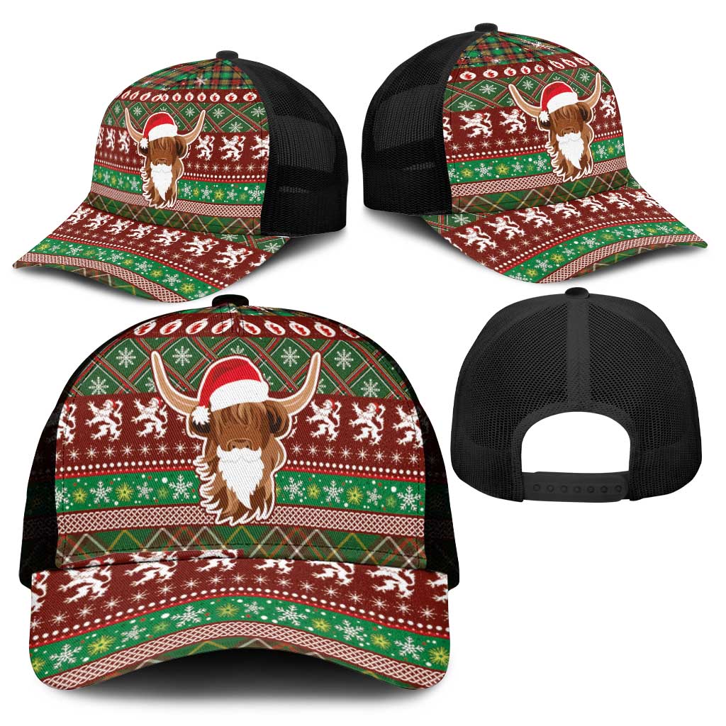 Scottish Christmas Mesh Trucker Cap Highland Cattle-Xmas Tartan Stripes Style Red Color - Wonder Print Shop