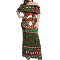 Scottish Christmas Off Shoulder Maxi Dress Highland Cattle-Xmas Tartan Stripes Style Red Color - Wonder Print Shop