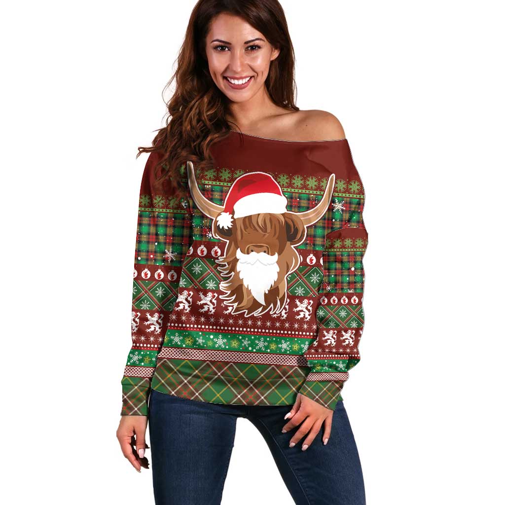 Scottish Christmas Off Shoulder Sweater Highland Cattle-Xmas Tartan Stripes Style Red Color - Wonder Print Shop