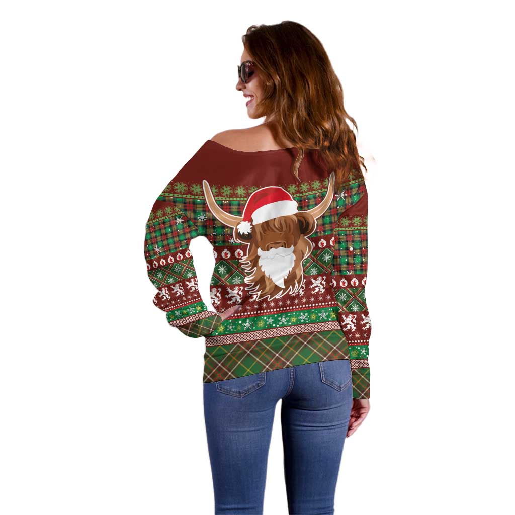Scottish Christmas Off Shoulder Sweater Highland Cattle-Xmas Tartan Stripes Style Red Color - Wonder Print Shop