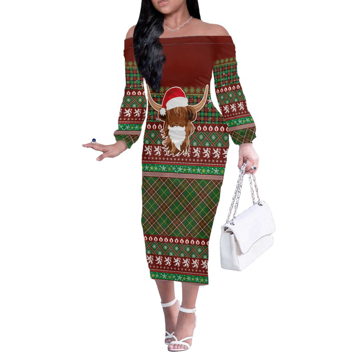 Scottish Christmas Off The Shoulder Long Sleeve Dress Highland Cattle-Xmas Tartan Stripes Style Red Color - Wonder Print Shop
