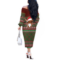 Scottish Christmas Off The Shoulder Long Sleeve Dress Highland Cattle-Xmas Tartan Stripes Style Red Color - Wonder Print Shop
