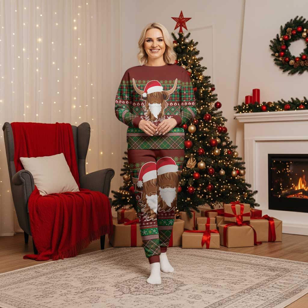 Scottish Christmas Pajama Set Highland Cattle-Xmas Tartan Stripes Style Red Color - Wonder Print Shop