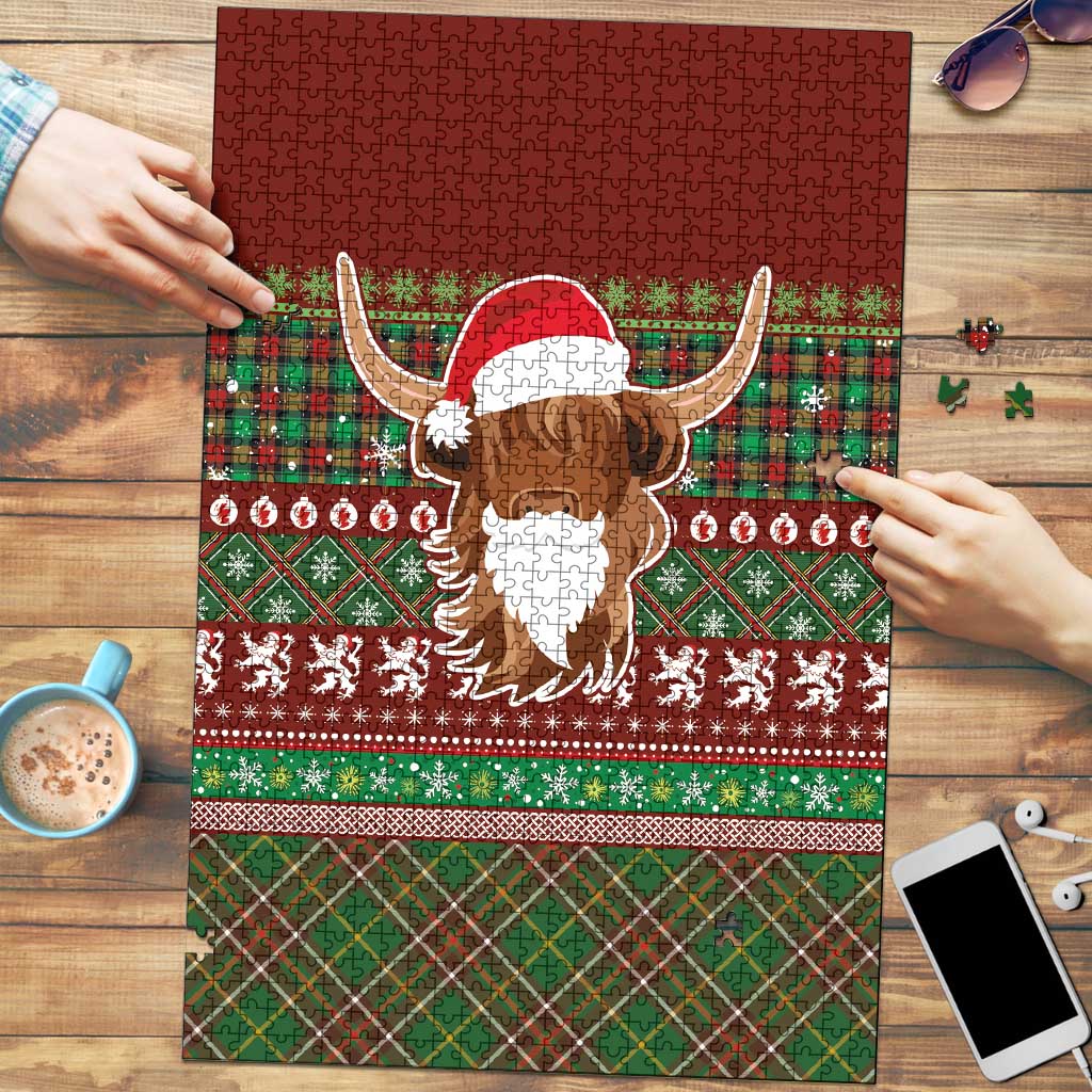 Scottish Christmas Puzzle Highland Cattle-Xmas Tartan Stripes Style Red Color - Wonder Print Shop