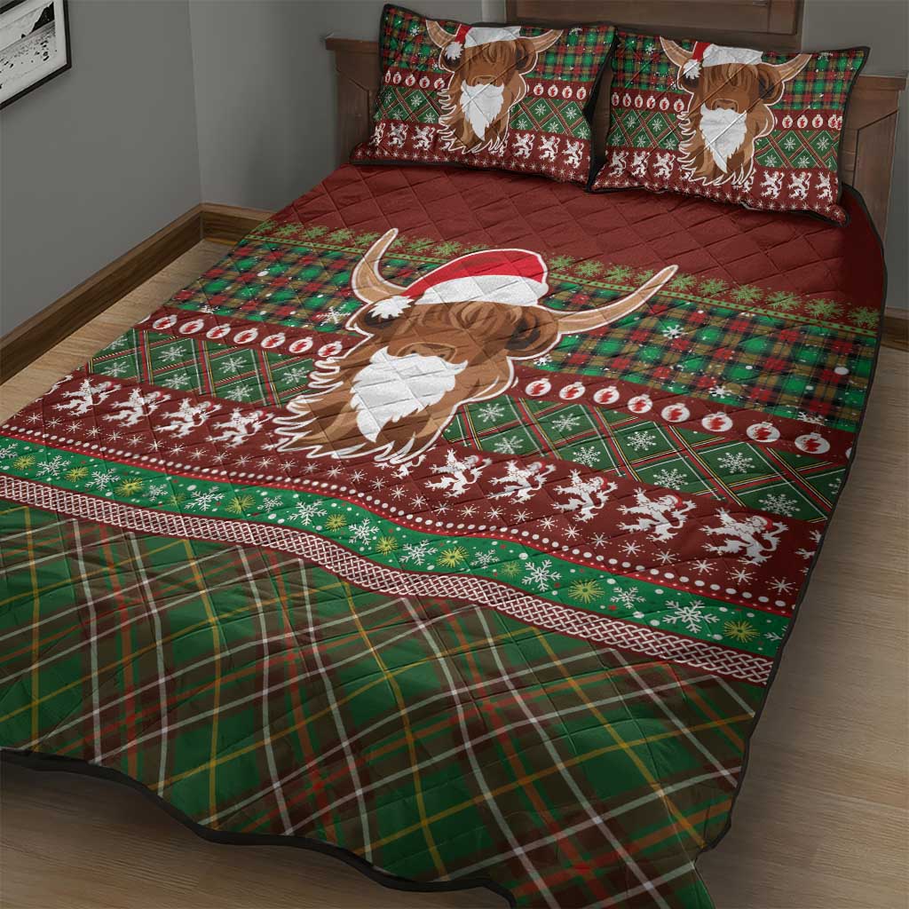 Scottish Christmas Quilt Bed Set Highland Cattle-Xmas Tartan Stripes Style Red Color - Wonder Print Shop