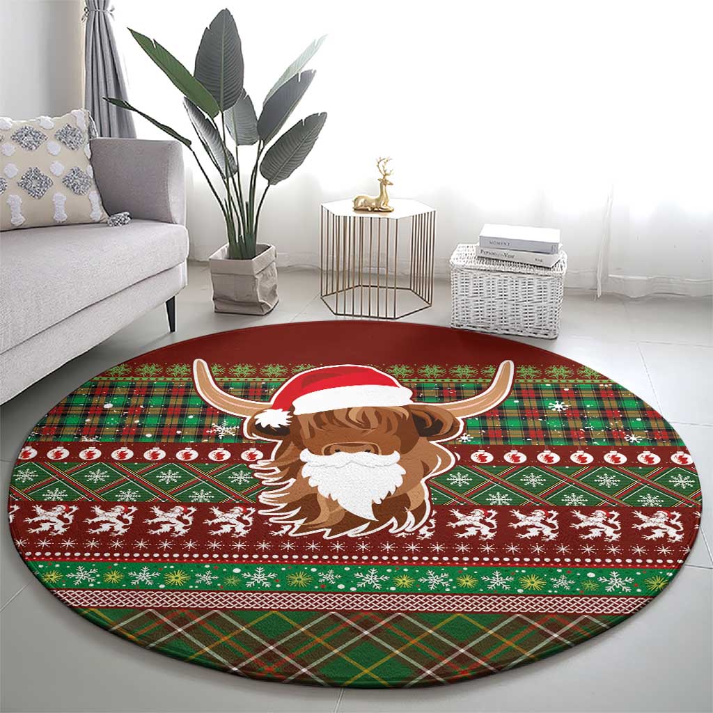 Scottish Christmas Round Carpet Highland Cattle-Xmas Tartan Stripes Style Red Color - Wonder Print Shop