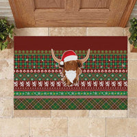 Scottish Christmas Rubber Doormat Highland Cattle-Xmas Tartan Stripes Style Red Color - Wonder Print Shop