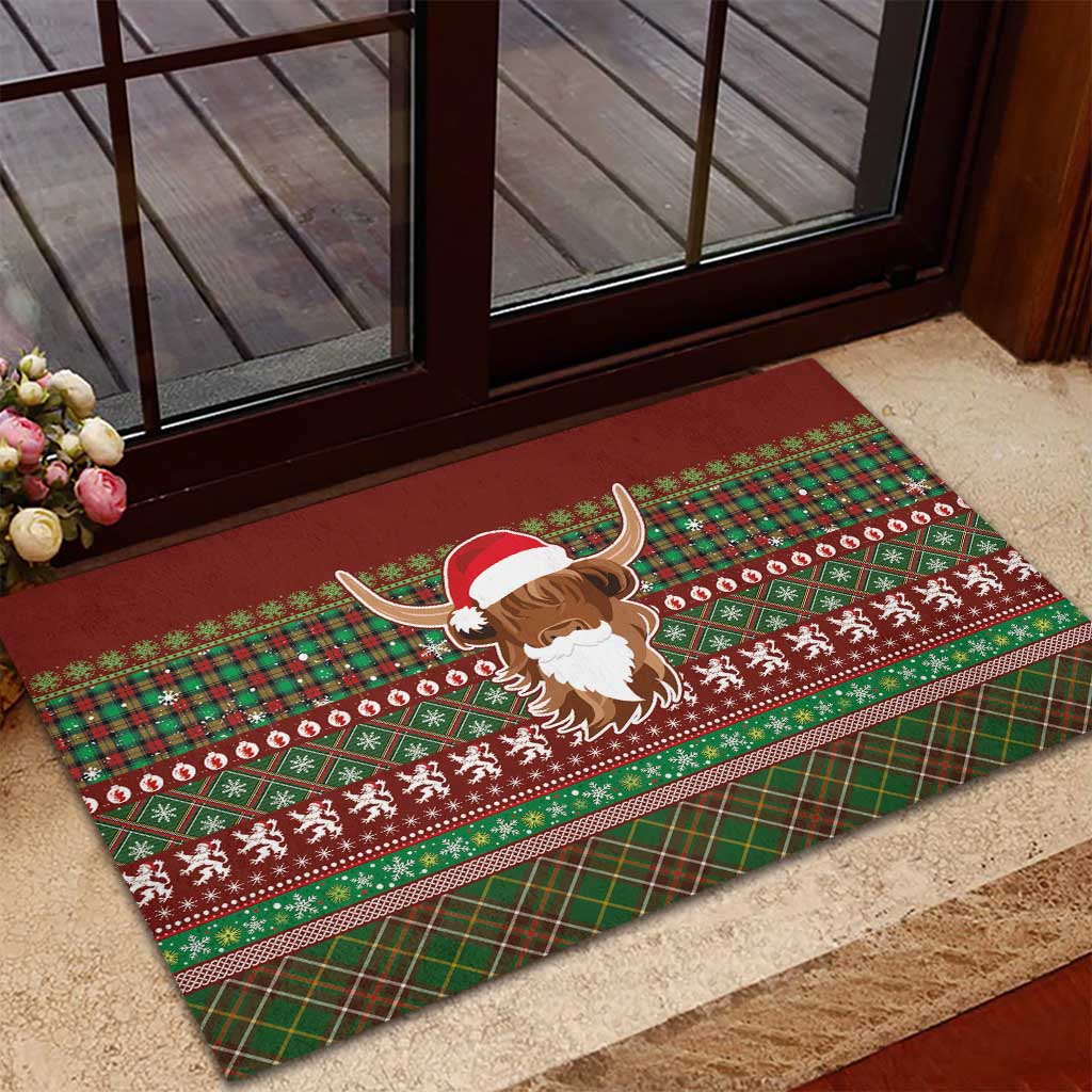 Scottish Christmas Rubber Doormat Highland Cattle-Xmas Tartan Stripes Style Red Color - Wonder Print Shop