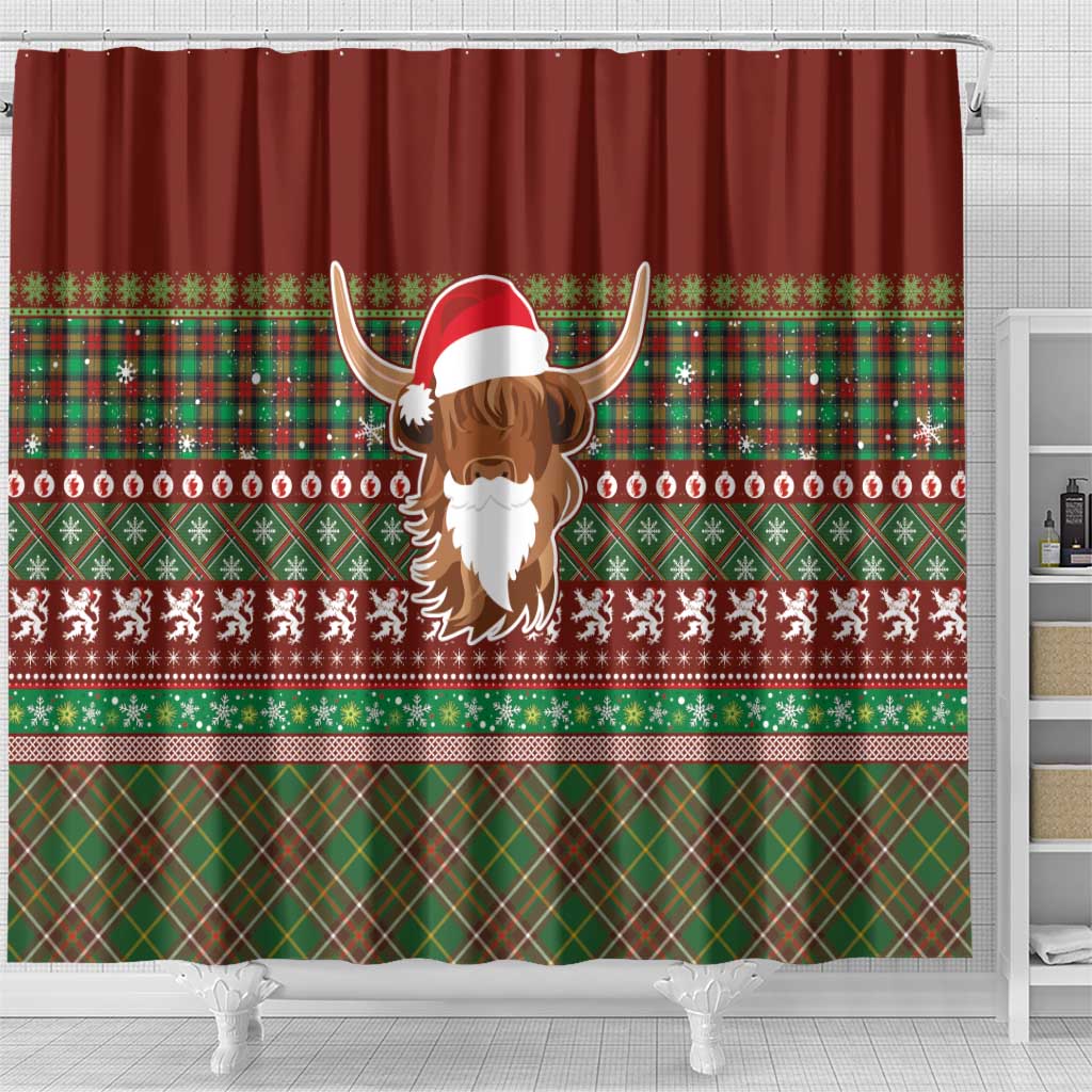 Scottish Christmas Shower Curtain Highland Cattle-Xmas Tartan Stripes Style Red Color - Wonder Print Shop