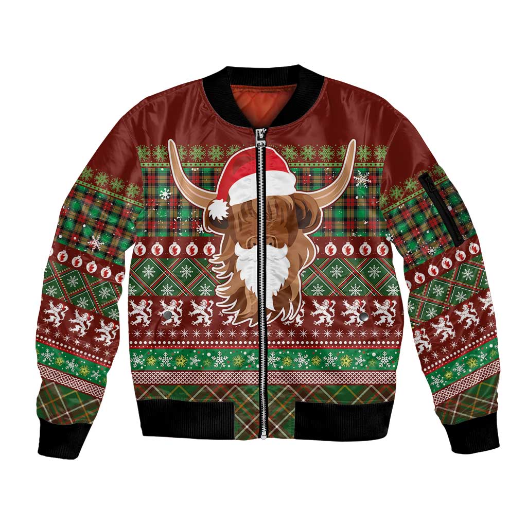 Scottish Christmas Sleeve Zip Bomber Jacket Highland Cattle-Xmas Tartan Stripes Style Red Color - Wonder Print Shop