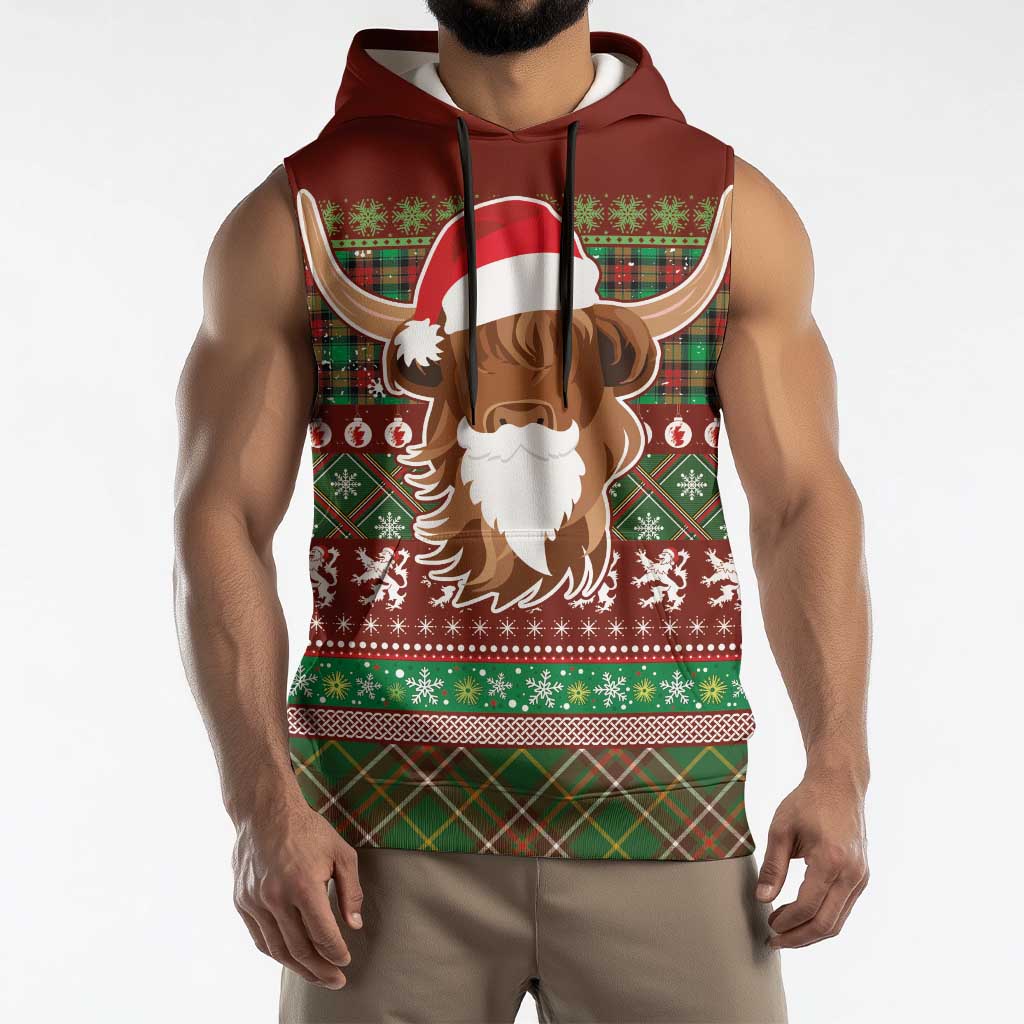 Scottish Christmas Sleeveless Hoodie Highland Cattle-Xmas Tartan Stripes Style Red Color - Wonder Print Shop