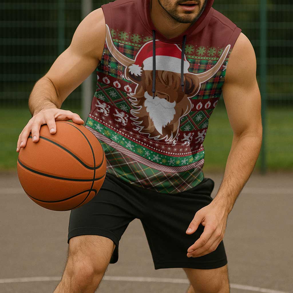 Scottish Christmas Sleeveless Hoodie Highland Cattle-Xmas Tartan Stripes Style Red Color - Wonder Print Shop