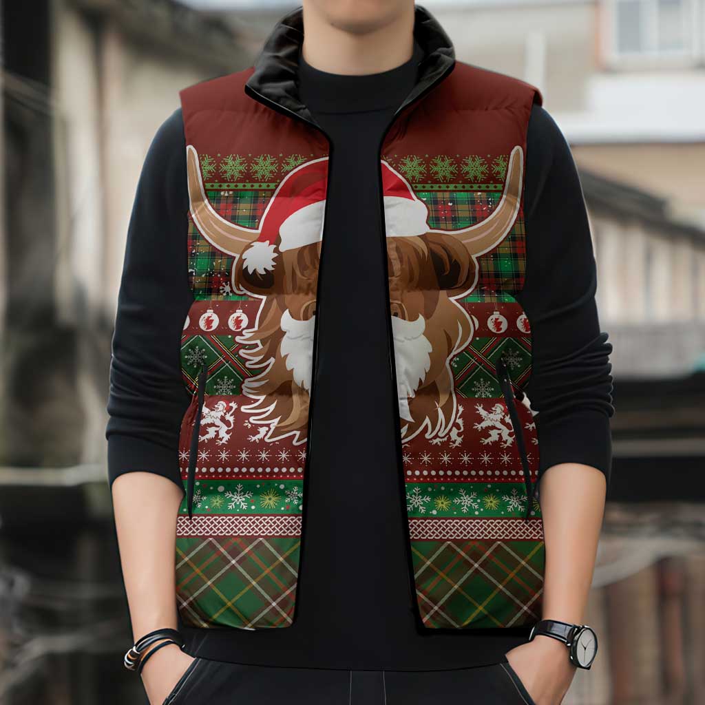 Scottish Christmas Sleeveless Puffer Jacket Highland Cattle-Xmas Tartan Stripes Style Red Color - Wonder Print Shop