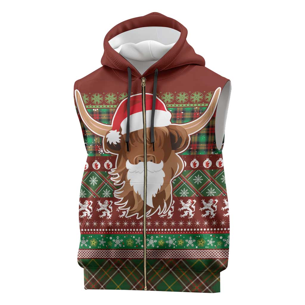 Scottish Christmas Sleeveless Zip Hoodie Highland Cattle-Xmas Tartan Stripes Style Red Color - Wonder Print Shop