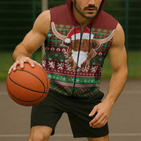 Scottish Christmas Sleeveless Zip Hoodie Highland Cattle-Xmas Tartan Stripes Style Red Color - Wonder Print Shop