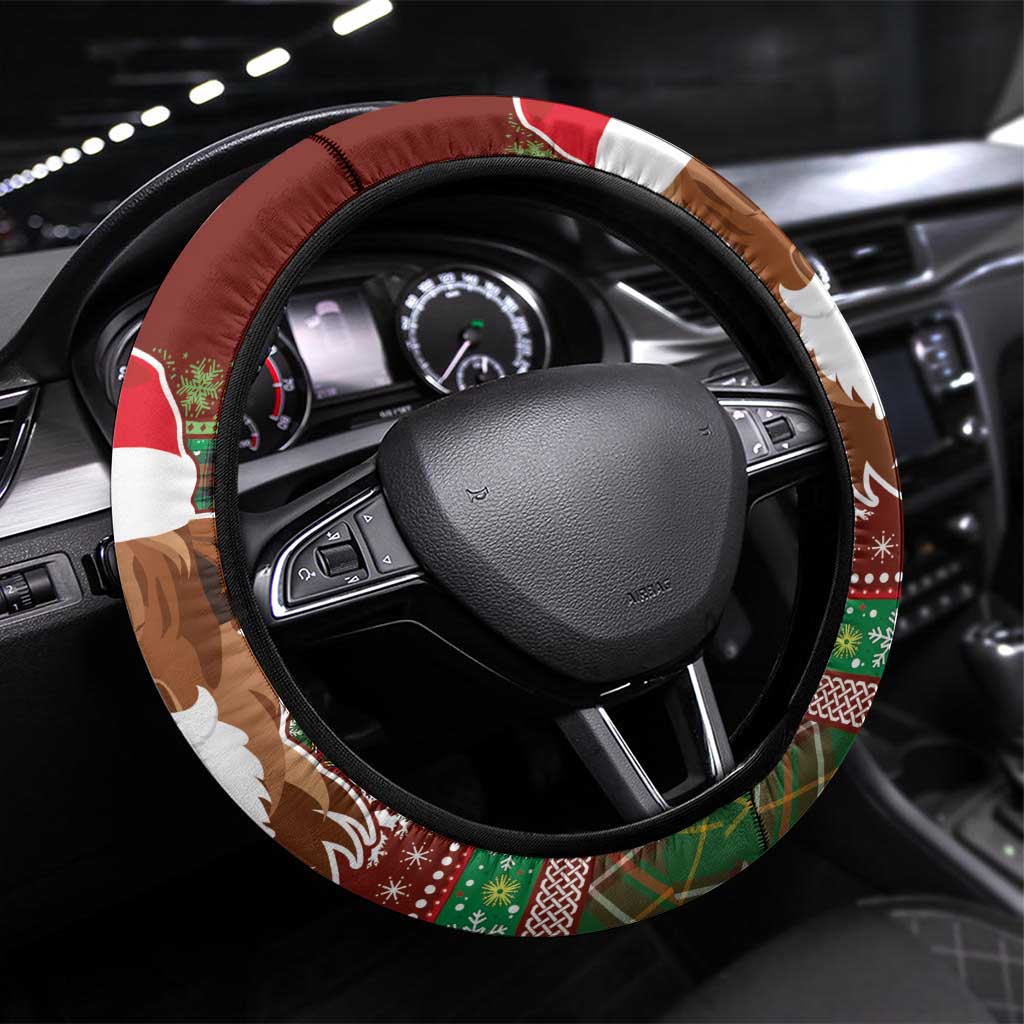 Scottish Christmas Steering Wheel Cover Highland Cattle-Xmas Tartan Stripes Style Red Color - Wonder Print Shop