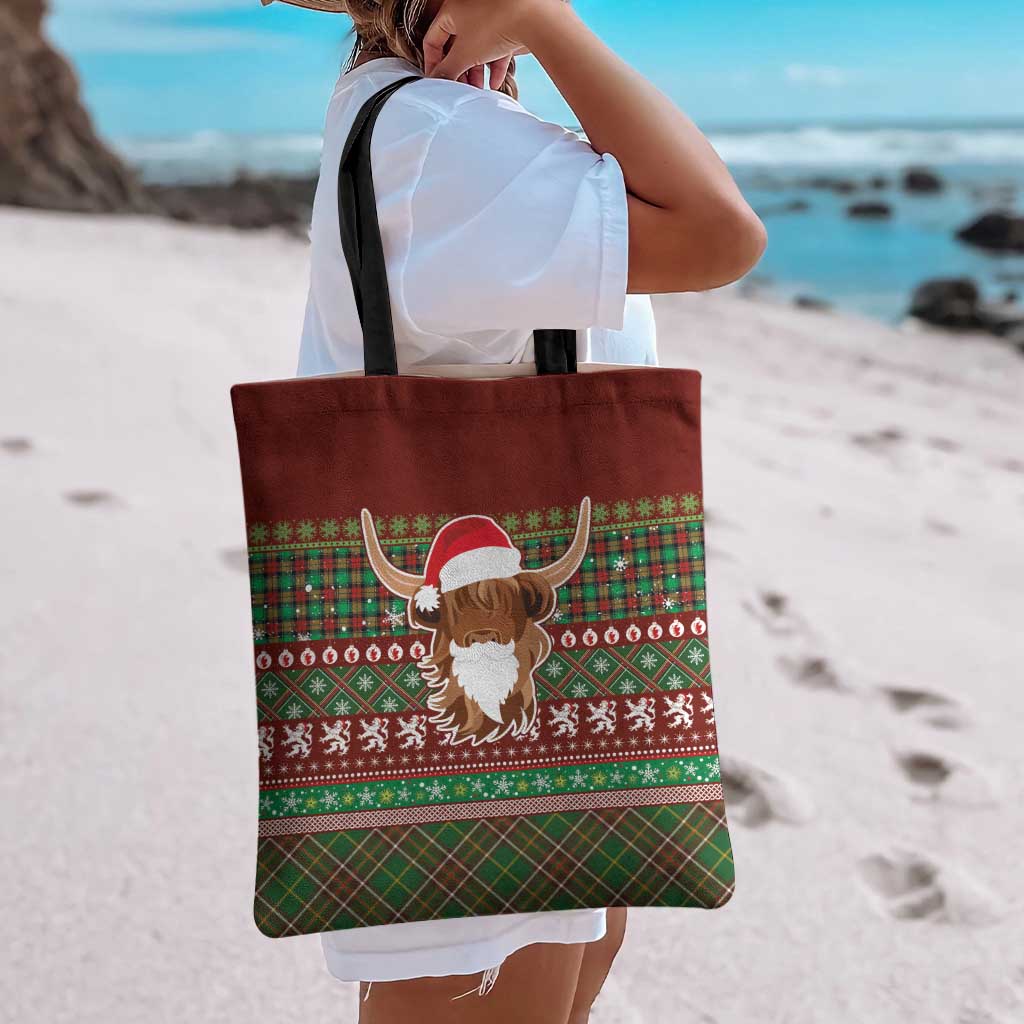 Scottish Christmas Tote Bag Highland Cattle-Xmas Tartan Stripes Style Red Color - Wonder Print Shop
