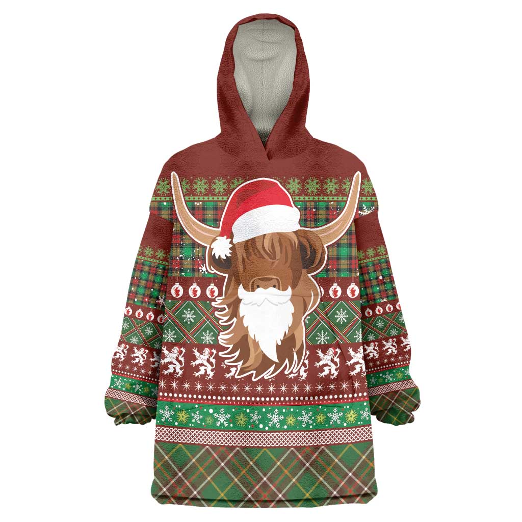 Scottish Christmas Wearable Blanket Hoodie Highland Cattle-Xmas Tartan Stripes Style Red Color - Wonder Print Shop