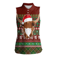 Scottish Christmas Women Sleeveless Polo Shirt Highland Cattle-Xmas Tartan Stripes Style Red Color - Wonder Print Shop