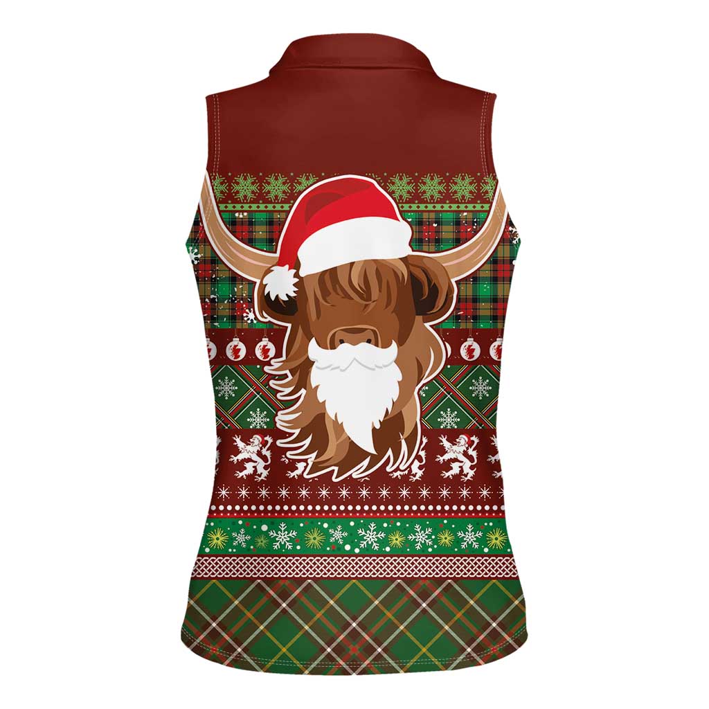 Scottish Christmas Women Sleeveless Polo Shirt Highland Cattle-Xmas Tartan Stripes Style Red Color - Wonder Print Shop