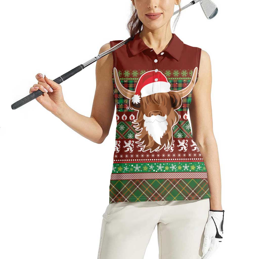 Scottish Christmas Women Sleeveless Polo Shirt Highland Cattle-Xmas Tartan Stripes Style Red Color - Wonder Print Shop