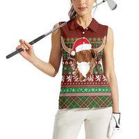 Scottish Christmas Women Sleeveless Polo Shirt Highland Cattle-Xmas Tartan Stripes Style Red Color - Wonder Print Shop