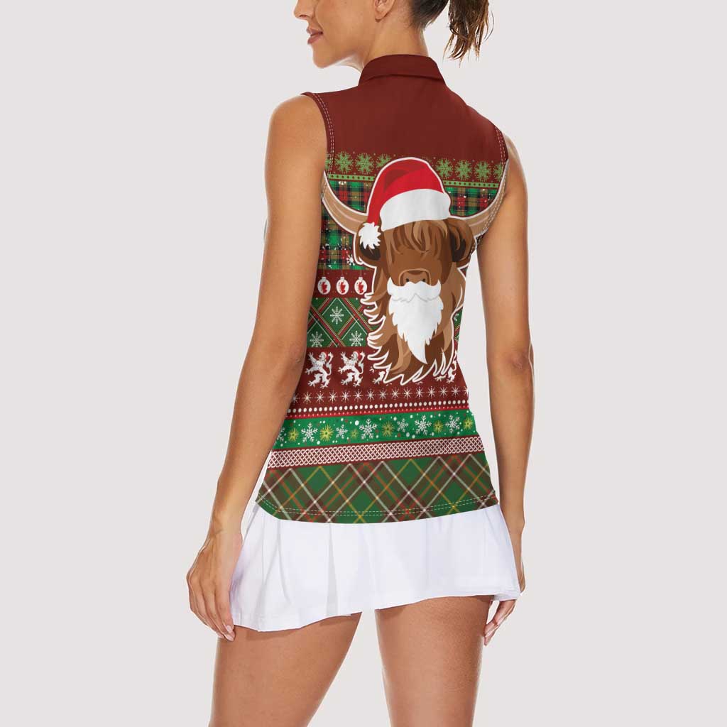 Scottish Christmas Women Sleeveless Polo Shirt Highland Cattle-Xmas Tartan Stripes Style Red Color - Wonder Print Shop