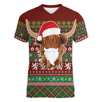 Scottish Christmas Women V-Neck T-Shirt Highland Cattle-Xmas Tartan Stripes Style Red Color - Wonder Print Shop